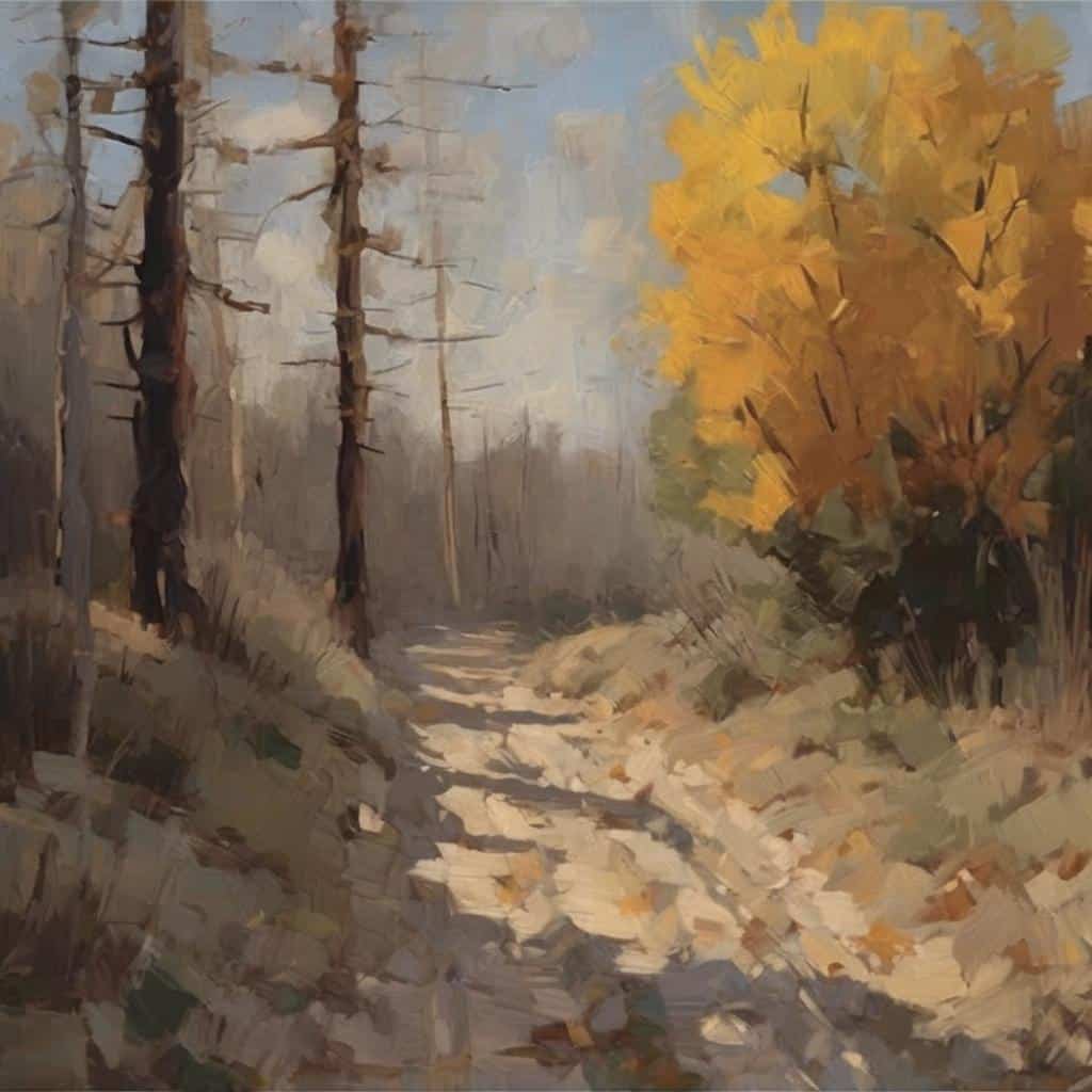 Άνοιξη στην φύση, τέχνη που γεννήθηκε από την καραντίνα, ελαιογραφία σε τοπίο με δέντρα και μονοπάτι, αναδεικνύει την δημιουργικότητα εν μέσω περιορισμών, σύγχρονη καλλιτεχνική δημιουργία.